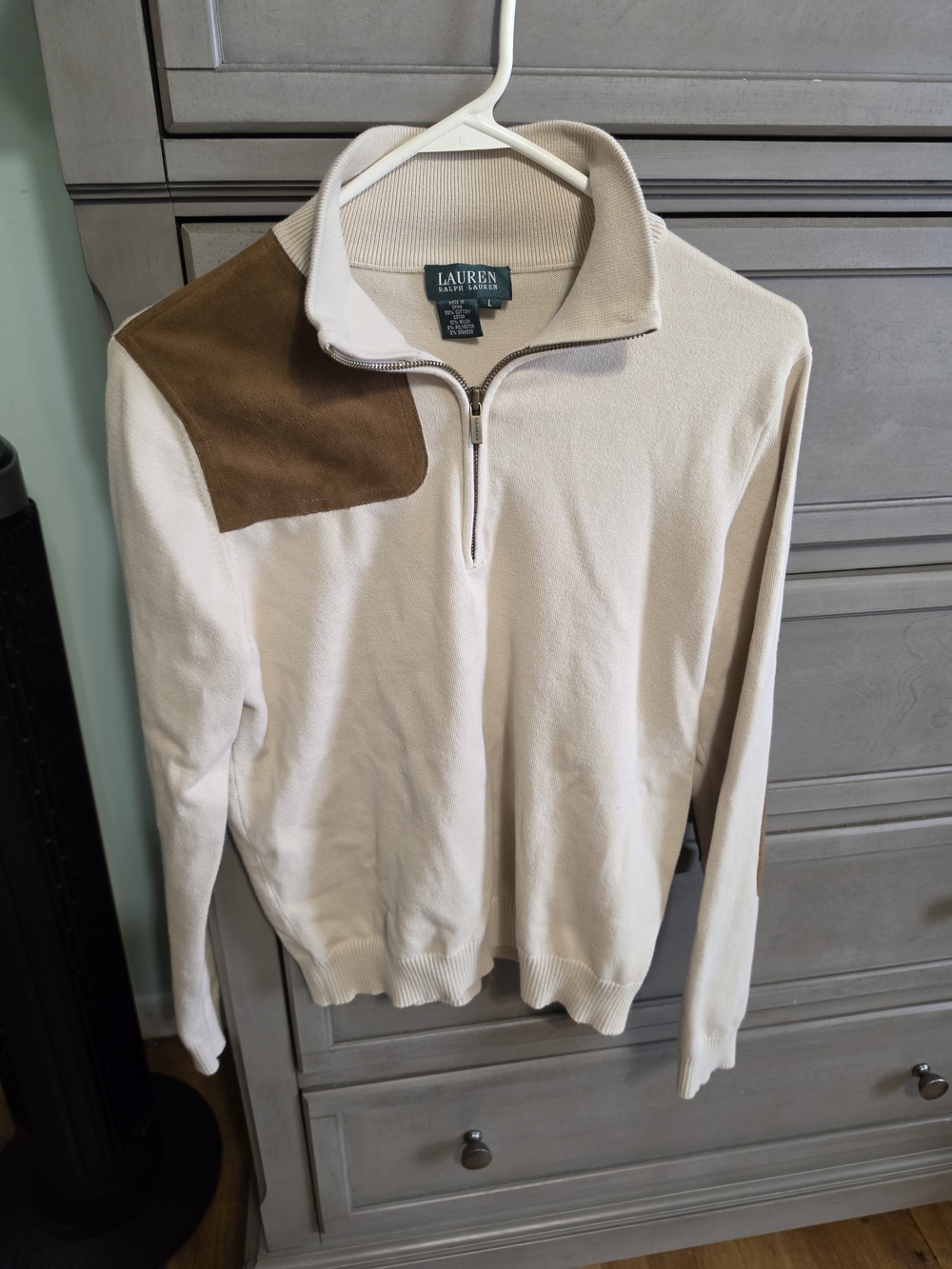 Ralph Lauren Cream Half-Zip Sweater with Brown Shoulder Patch